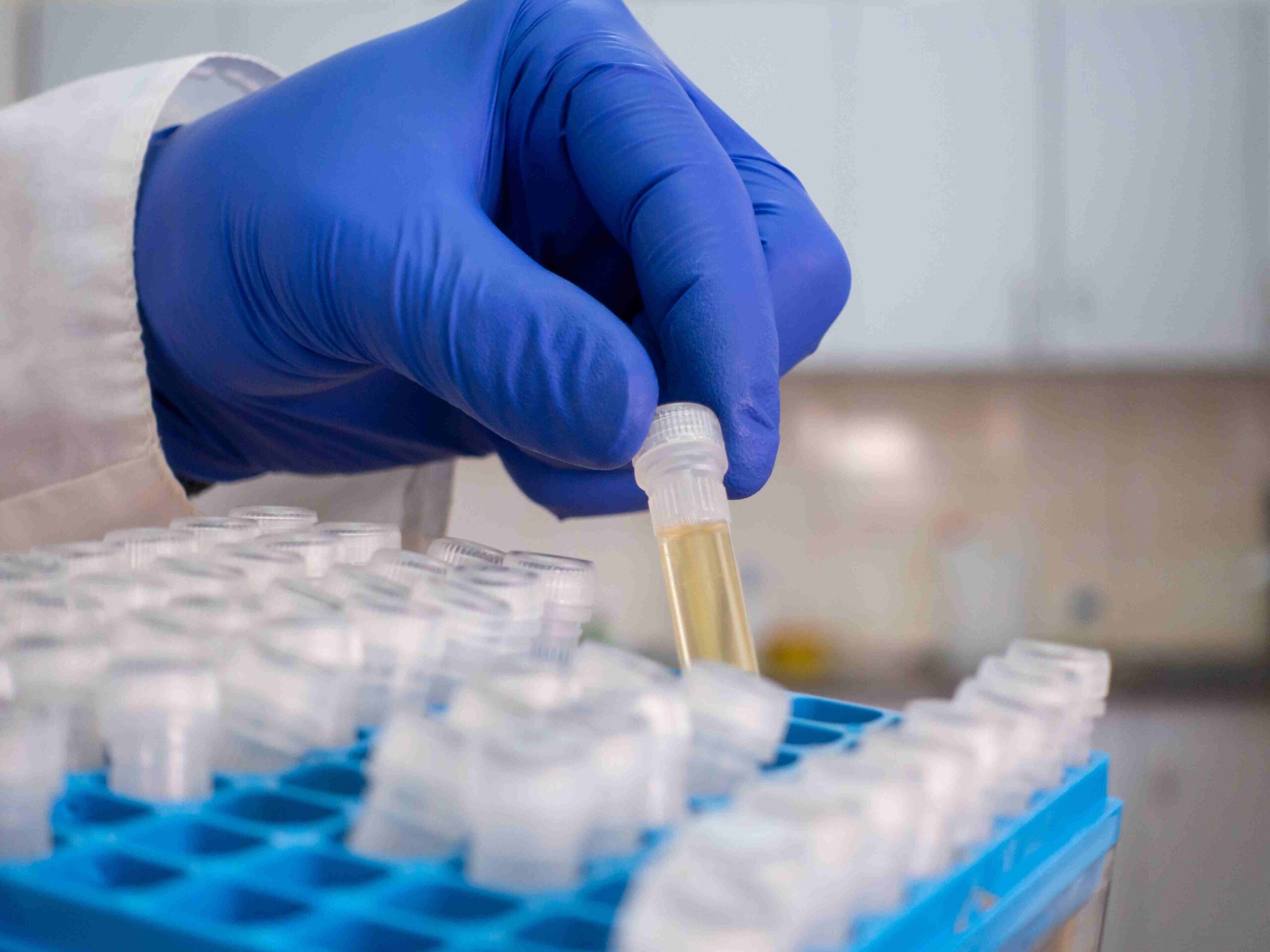 Hand holding a small tube in a laboratory